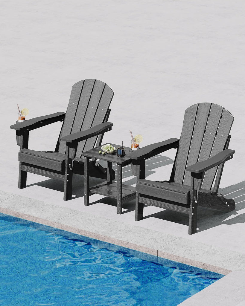 HDPE Folding Adirondack Chair Set of 2 with Side Table, Grey | All Weather Resistant Outdoor Chair with Wood Texture&
