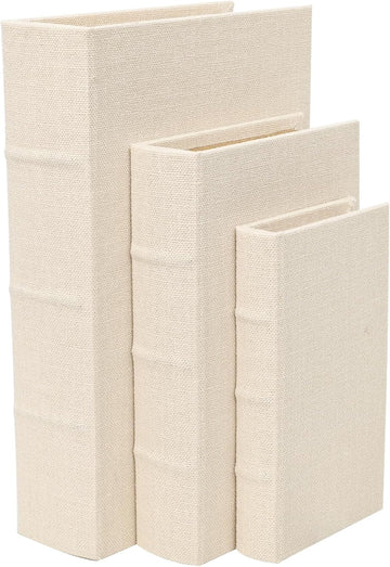 Decorative Book Boxes Set of 3 - Modern Faux Linen & Wood Hidden Storage for Coffee Table - Stackable Fake Books for