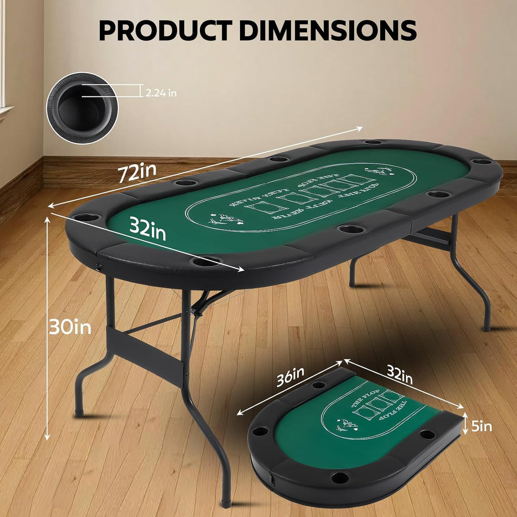 72" Portable Poker Table, Folding Poker Table, 8 Player Texas Holdem Blackjack Table with 8 Cup Holders, Padded