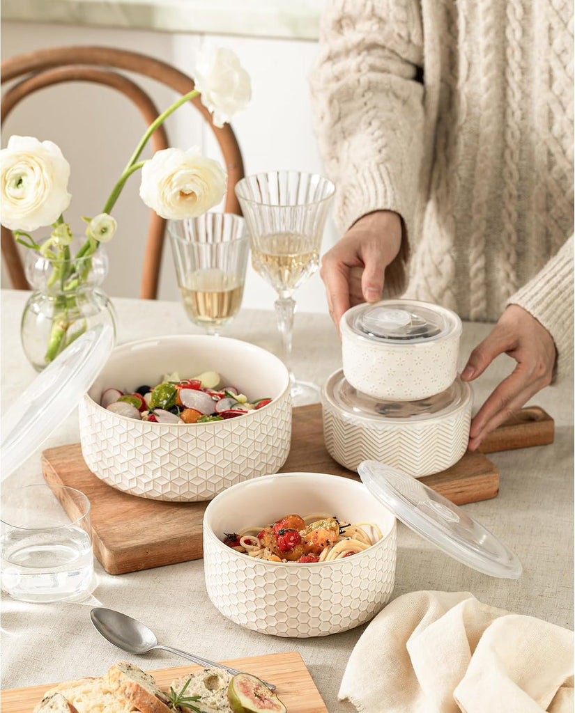 Serving Bowls with Lids, Ceramic Embossed Nesting Mixing Bowls, Set of 4, Serving Bowls Set for Food Storage