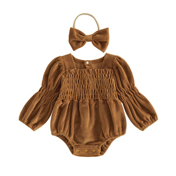 Smocked Baby Girl Clothes Newborn Girl Bubble Romper Long Sleeve Jumpsuit And Headband Outfit Cute Infant Clothing