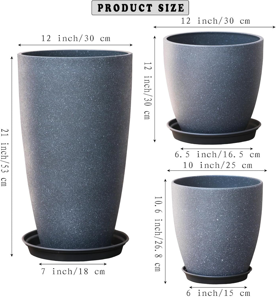 Garden Decorative Planters Tall Round Flower Pots with Drainage Hole & Saucer Cement Grey Surface Painting Robust &