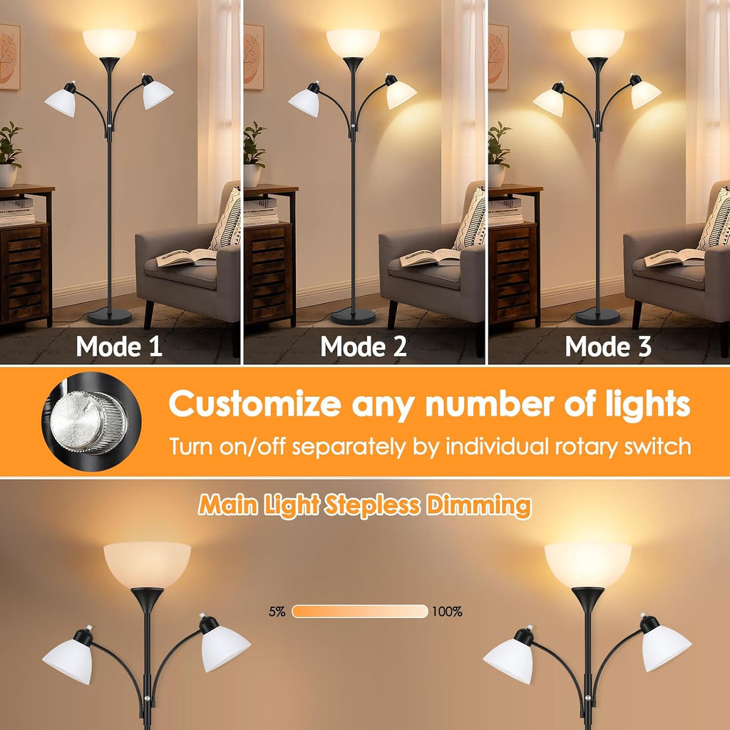Torchiere Floor Lamps,72" Dimmable Lamp with 2 Adjustable Reading Lights, Black Tall Standing Room Lamp