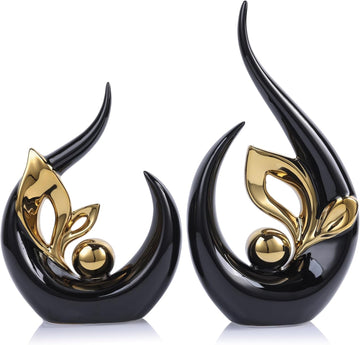 13" H Black Gold Abstract Sculptures Home Decor, Ceramic Art Statue Cool Stuff to Put on Shelves&tv Stand Decor, Gold