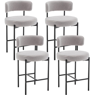 Boucle Bar Stools Set of 4, 24" Modern Counter Stools with Backs, Grey Upholstered Bar Stool Island, Cafe