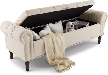 Storage Bench Ottoman, 61" King Linen Rolled Arm Bedroom End of Bed Bench, Window Bench with Button Tufted and