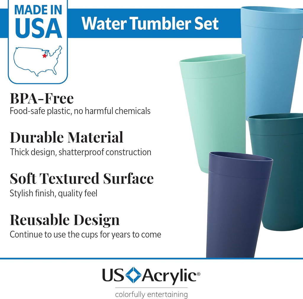 Newport 20 ounce Unbreakable Plastic Stackable Water Tumblers in 4 Coastal Colors | Set of 12 Drinking Cups |