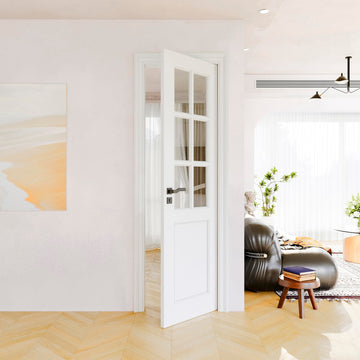 24" x 80" Clear Glass Slab Door, 6-Lite Glass French Interior Door, Pre-Finished Paintable Single Panel Pantry
