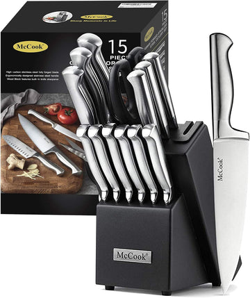 Knife Set Sharp Kitchen Knife Block Set w Built-in Sharpener | German Forged Stainless Steel,15 PC,Razor