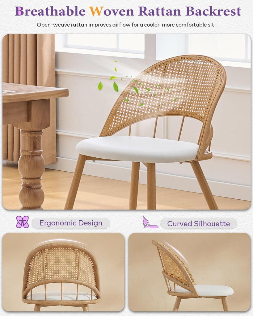 Rattan Dinner Chairs Set of 4 with Faux Leather Cushion, Modern Dining Room Chairs w/Adjustable Foot Pads, Kitchen