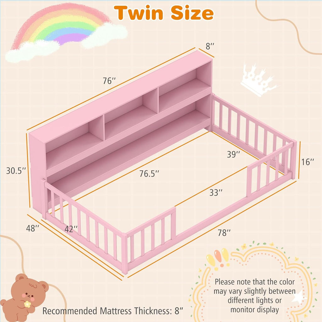 Twin Floor Bed for Kids, Wooden Montessori Bed Frame with Bookcase, Storage Shelves & Safety Fence Rails, Floor Beds