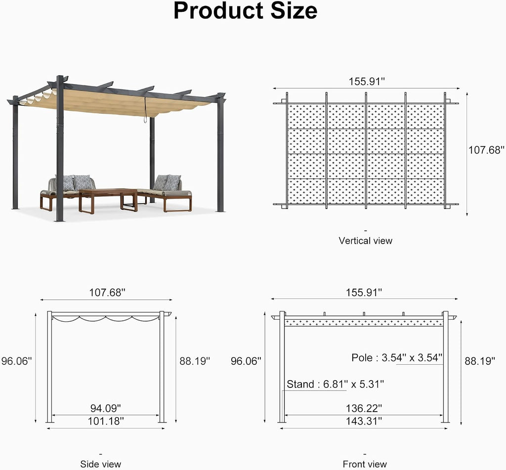 10' X 13' Outdoor Retractable Pergola with Sun Shade Canopy Patio Metal Shelter for Garden Porch Beach Pavilion Grill
