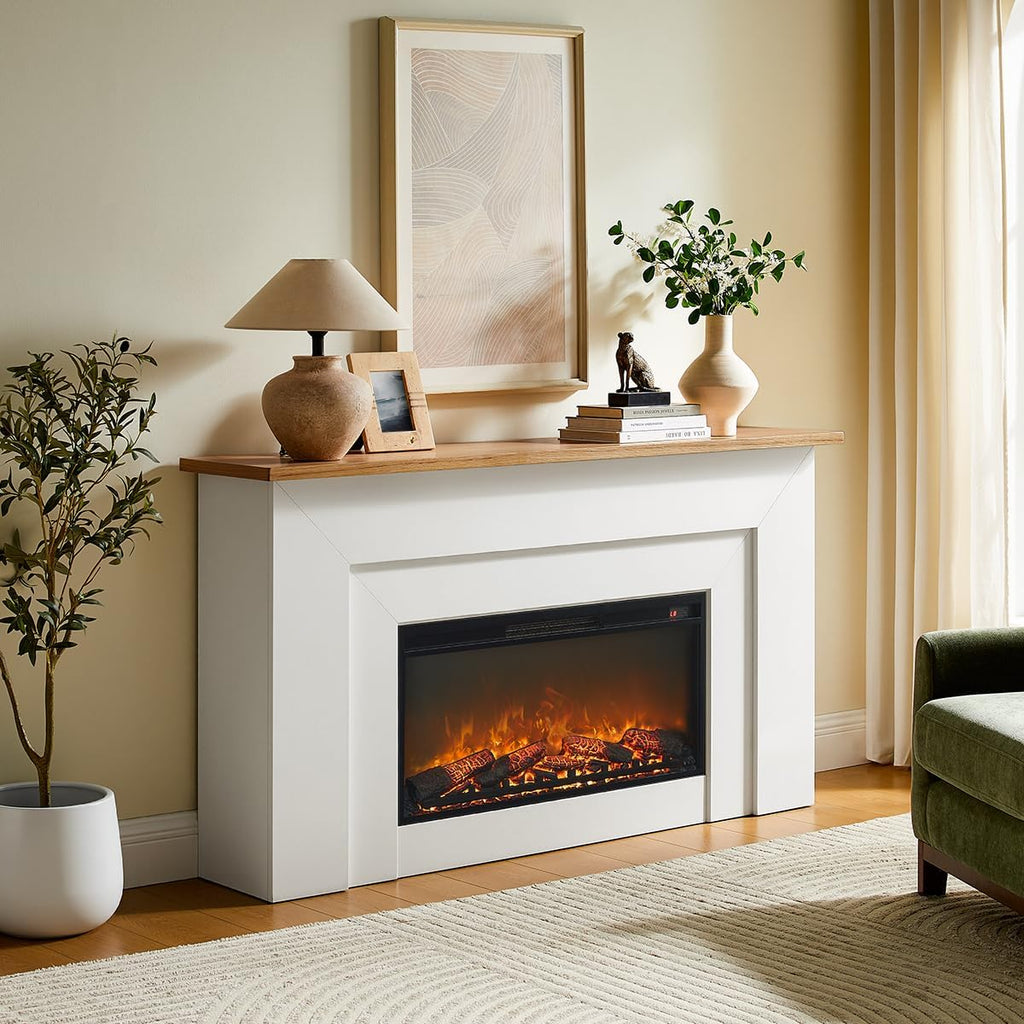 64" Freestanding Electric Fireplace with Wood Mantel, Realistic Flame and Log Display, Replaceable Heater Insert