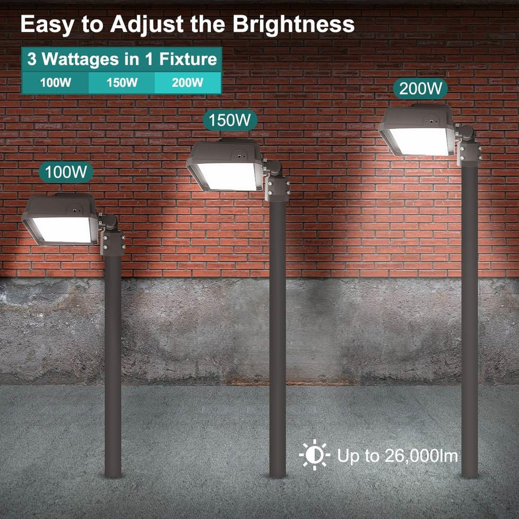 200W LED Flood Light, Dusk-to-Dawn Photocell, Slip Fitter Mount | 200W-150W-100W Adjustable, Super Bright 26000LM