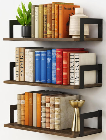 Floating Book Shelves for Wall Set of 3, 17 x 8 Inch Deep Wooden Wall Bookshelf Office, Rustic Wood Hanging Wall