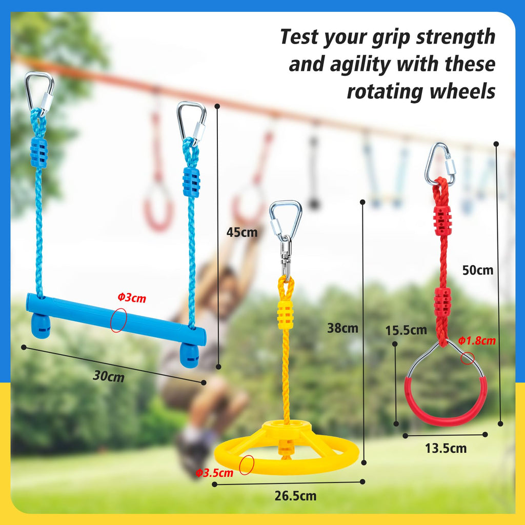 Warrior Obstacle Course Attachments - 7 Monkey Rings, 2 Monkey Bars, 2 Ninja Wheel, Backyard Obstacle Course Set