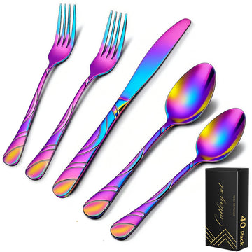40-Piece Rainbow Silverware Set for 8, 18/0 Frosted & Mirror Finish Stainless Steel Vintage Flatware Set, Modern
