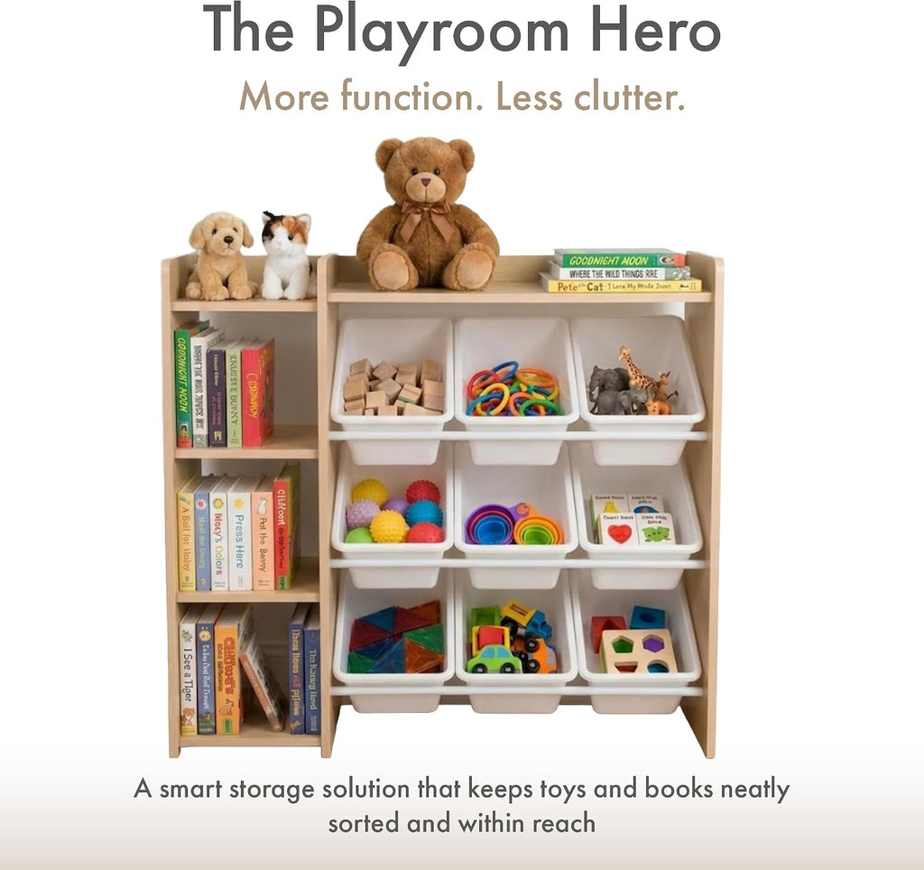 Kids Toy Storage Organizer with Bookshelf, 9 Bins, Solid Wood | Built in side bookshelf, removable bins, solid
