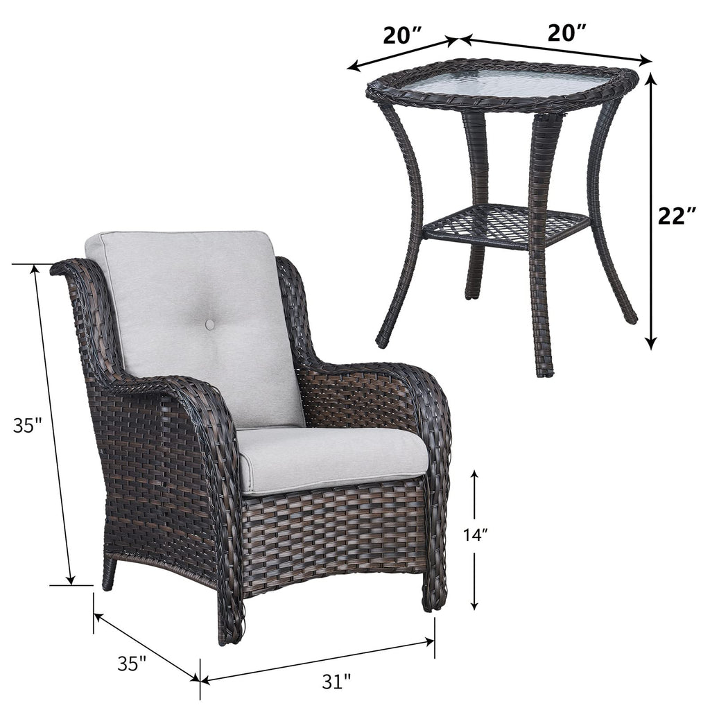 Patio Bistro Set Wicker Chairs, 3 Piece Outdoor Rattan Conversation Set with 2 Armrest Chair and 1 Side Table for