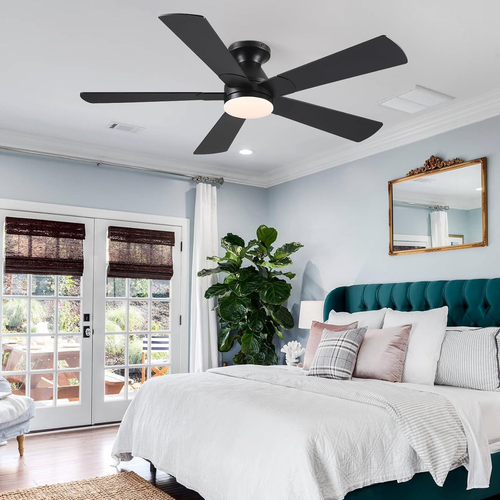 Black Ceiling Fans with Lights - 52In Flush Mount Ceiling Fan Light with Remote, 3CCT Dimmable and 6 Wind Speeds, Modern Low Profile Fan Light for Indoor Bedroom, Covered Outdoor