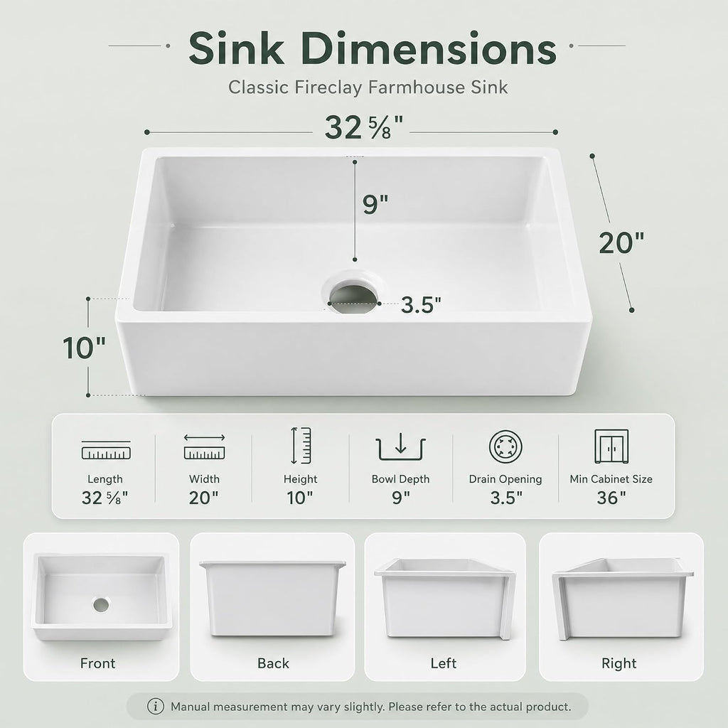 Self Trimming Farmhouse Sink 33 Inch, White Fireclay Kitchen Sink