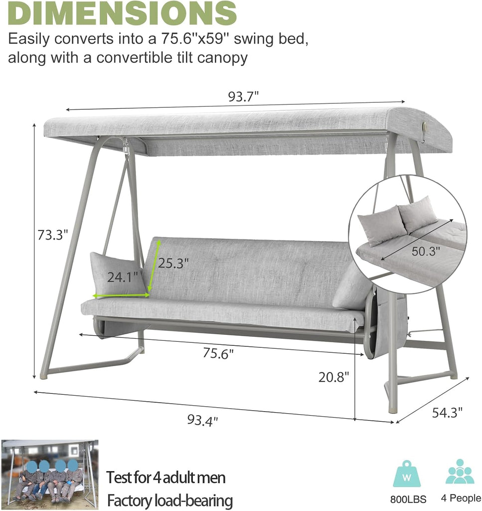 3-4 Person Oversized Outdoor Porch Swing with Adjustable Backrest Canopy,2-in-1 Swing Bed 800 lbs Capacity,Patio