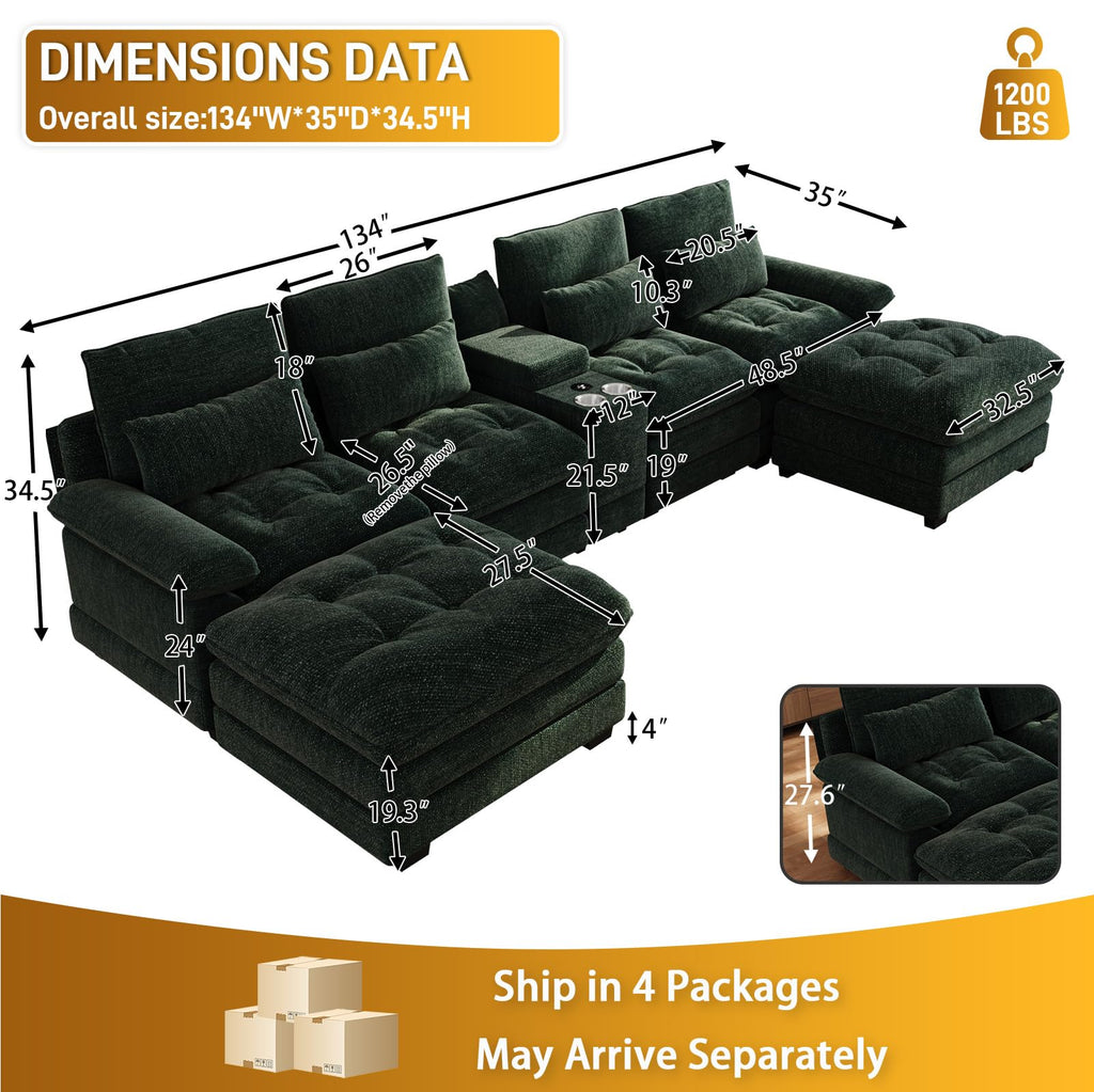 134" U-Shaped Shimmer Chenille Sectional Couch, Green