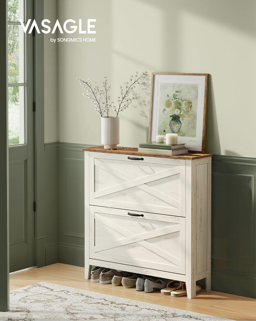 Shoe Storage Cabinet Organizer with 2 Flip Drawers, Freestanding Narrow Shoe Rack Cabinet , Farmhouse