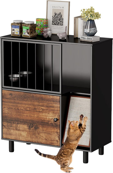 Dog Proof Cat Feeding Station, Cat Feeding Station Furniture with Storage and Cats Scratching Board, 2 Raised Pet