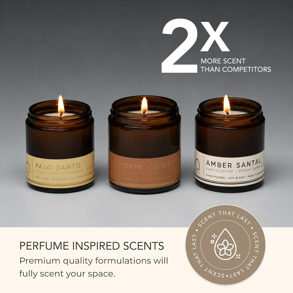 Best Sellers - Soy Candle Set 3 Pack - Amber Santal | Paraben Free, Brown Glass Jars With Gold Lids, 2.75 in Dia x