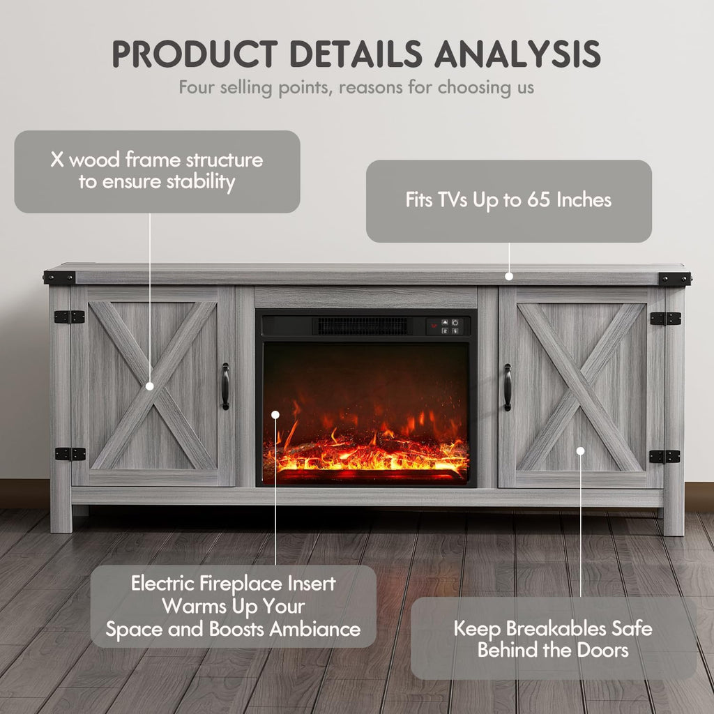 Fireplace TV Stand with Two Barn Doors and Storage Cabinets for Televisions up to 65+ Inch, Entertainment Center