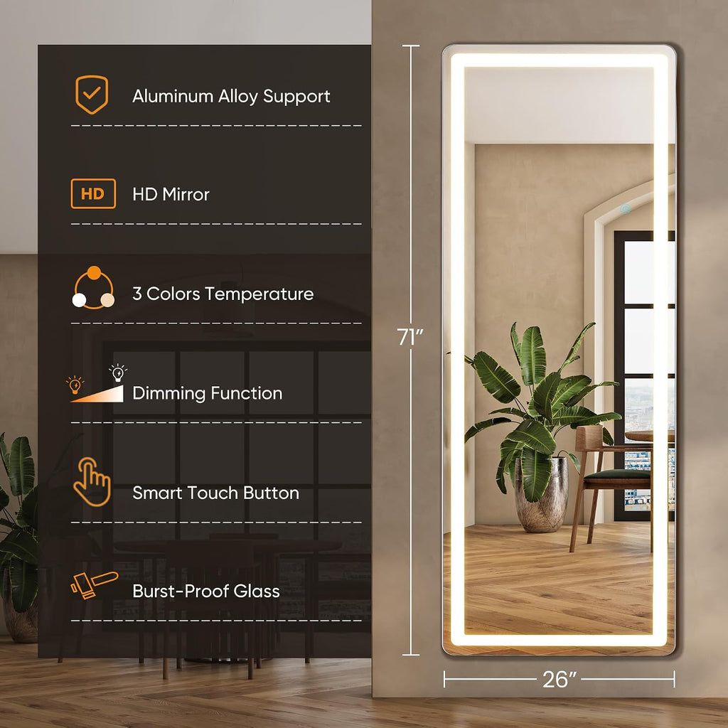 LED Rectangular Full Length Mirror with Light, 71" L x 26" W Full Body Standing Mirror with Shatterproof