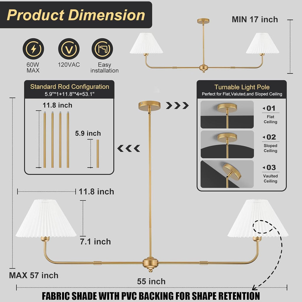 2-Light Gold Linear Chandelier with White Fabric Shade | 55" Modern Dining Room Light Fixture, Kitchen Island