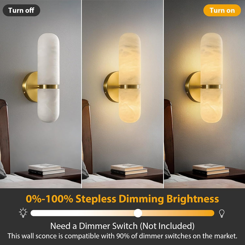 Natural Alabaster Brass Wall Sconce - Modern Luxury Spanish Stone Cylinder Sconces with Bulb - Brushed Gold Indoor
