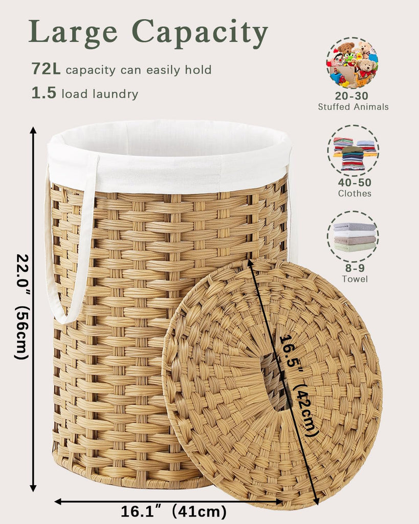 Laundry Hamper with Lid Laundry Basket with Lid 72L, Natural | 19 Gal Round PE Rattan Hamper with Lid, Removable
