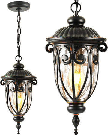 Outdoor Pendant Light Lantern, Farmhouse Outdoor Chandelier, Vintage Outdoor Hanging Lights with Seed Glass