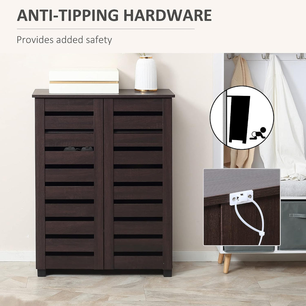 Slim Shoe Cabinet 2 Slatted Doors, 5-Tier Shelving Cupboard for 15 Pairs of Shoes, Narrow Entryway Storage Unit, Dark