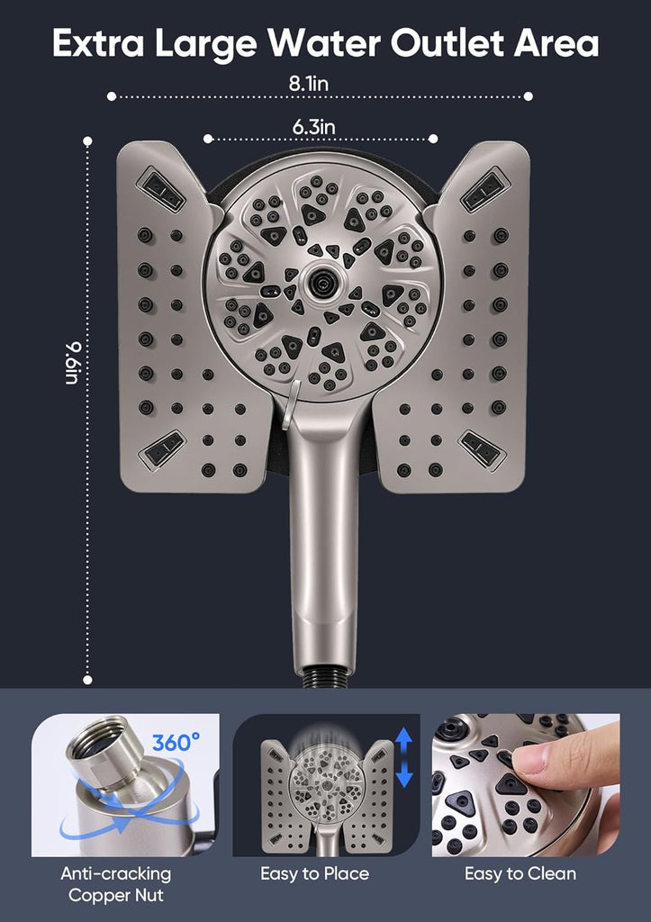 Shower Head with Handheld High Pressure, Rain Shower Head with Fixed Showerhead and 9 Sprays Handheld Shower