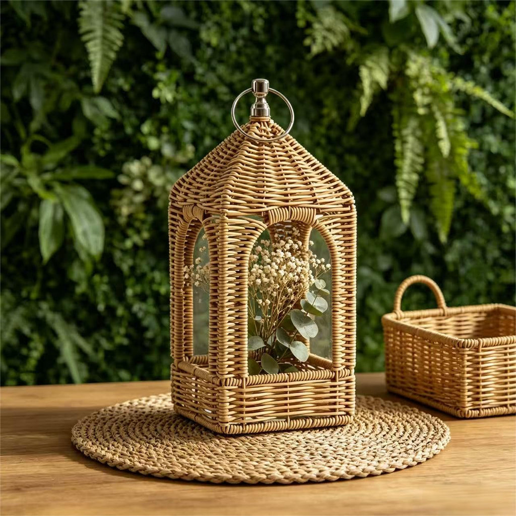 Handmade Artificial Rattan Candle Lantern, Boho Woven Decor Lantern