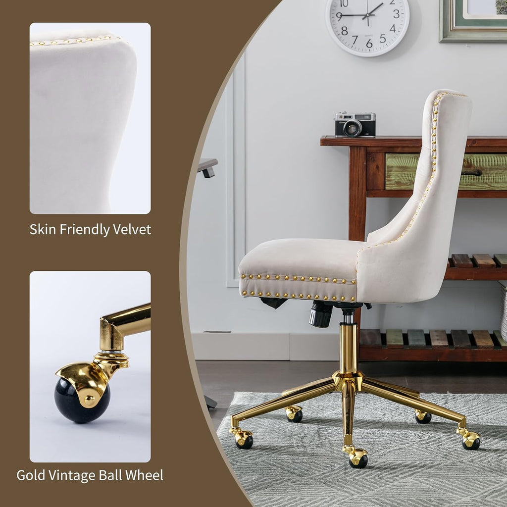 Velvet with Wheels and Gold Base, Armless Desk Chair with Tufted Back, Adjustable Height Swivel Vanity Chair