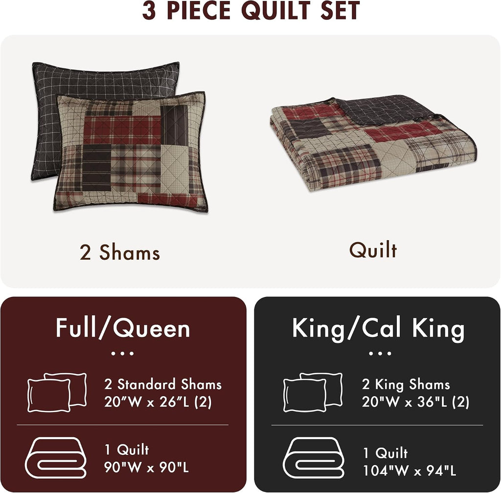 Queen Quilt Set Patchwork Farmhouse, Diamond Quilting Reversible Coverlet Set for Queen Bed, Plush Cotton Filled