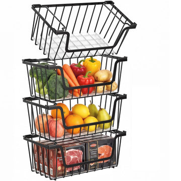 Stackable Storage Bins 4 Pcs Wire Baskets Freezer Organizer, Black