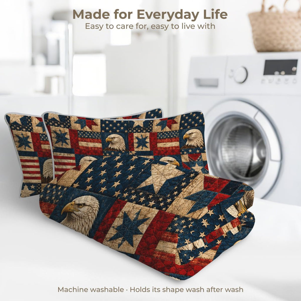 2 Pieces Patriotic Eagle Quilt Set with American Flag and Sunset Mountain Scene, Rustic Microfiber Bedding Decor, 1