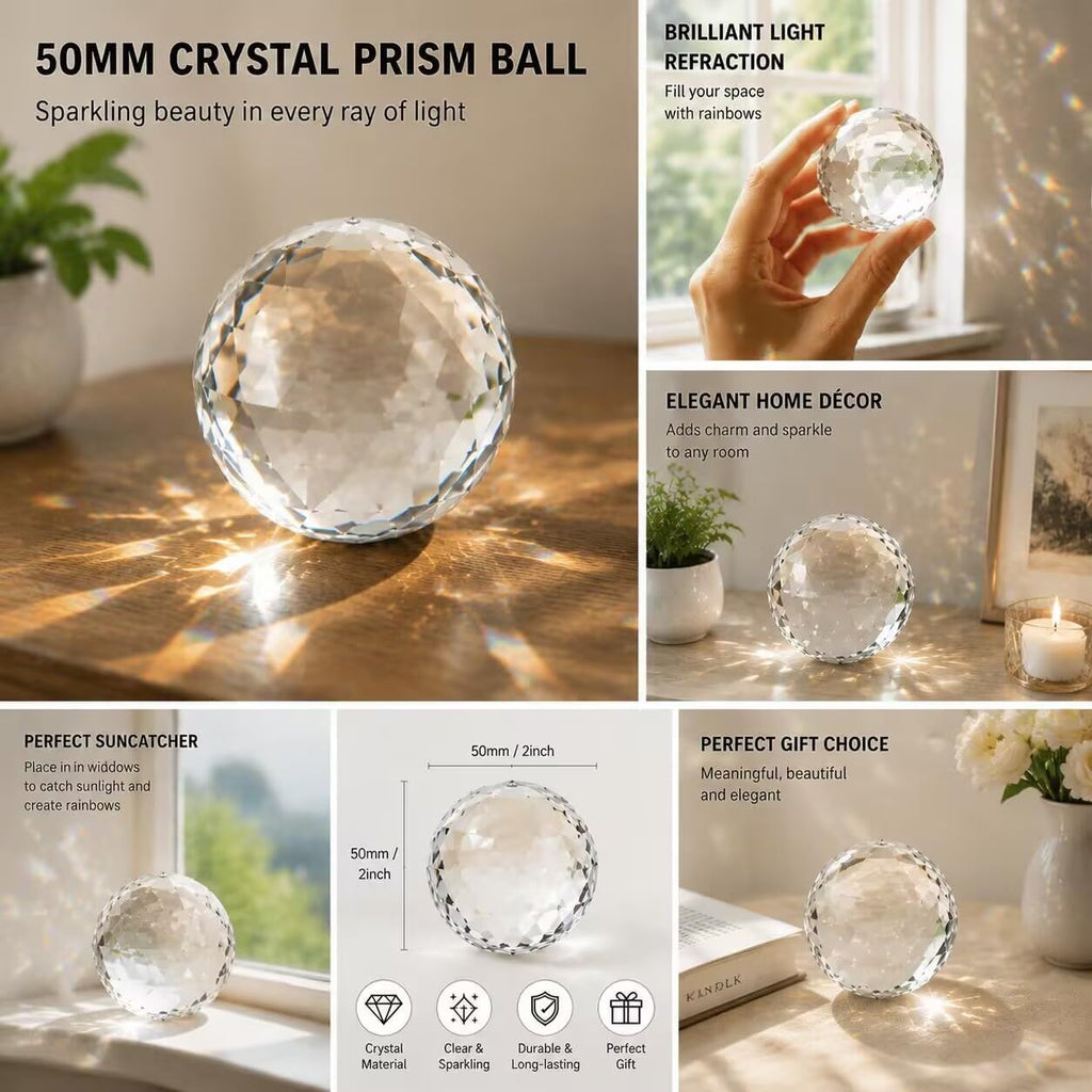 Clear Cut Crystal Sphere 50mm Faceted Gazing Glass Ball Suncatcher - Create a Prism of Light