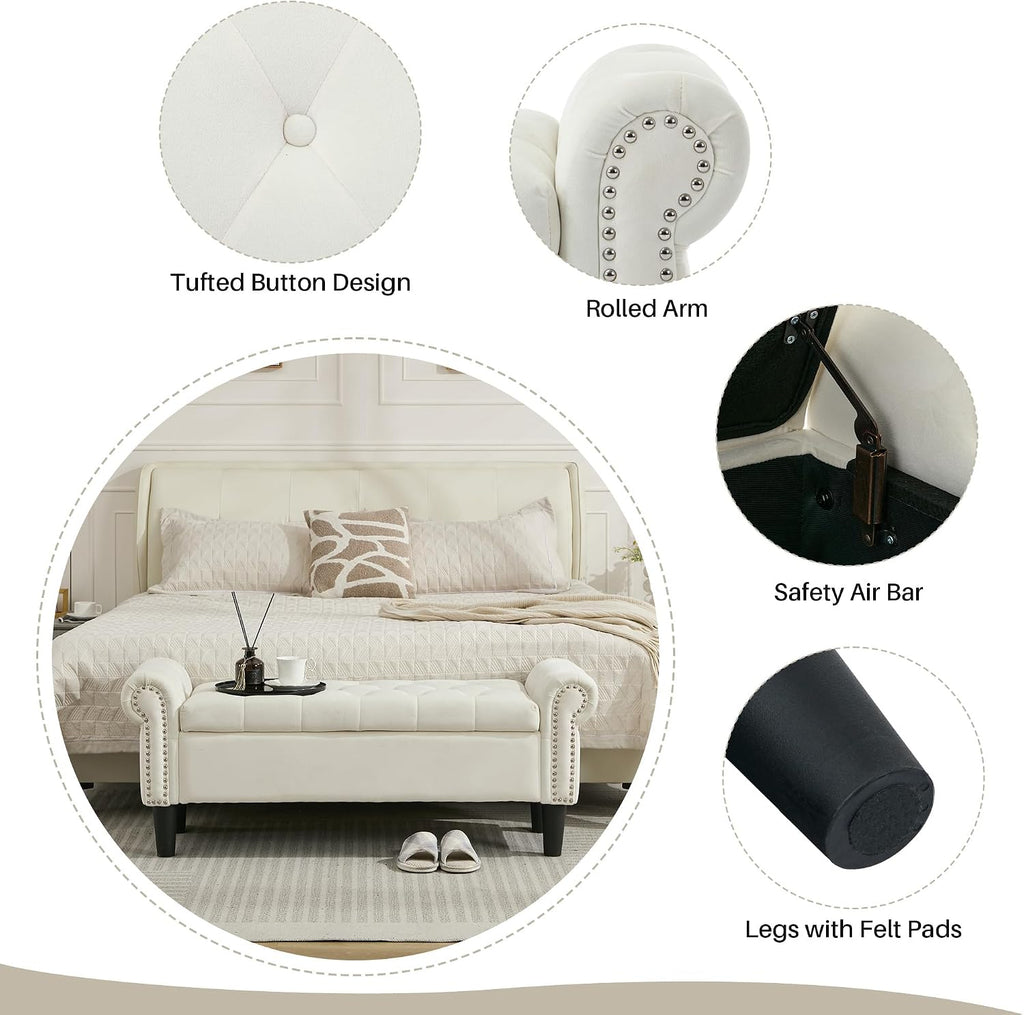 50" Storage Bench , Velvet Upholstered, Beige | End of Bedroom Bed Bench Ottoman with Tufted Cushioned Rolled Arm