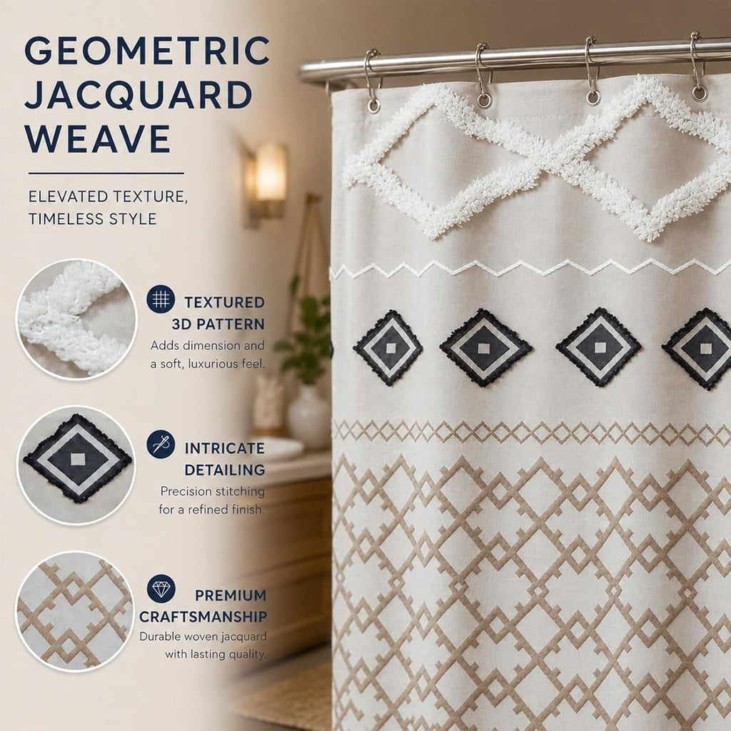 Boho Fabric Shower Curtain Set with 12 Metal Hooks, Modern Minimalist Geometric 3D Striped Textile Pattern Bathroom