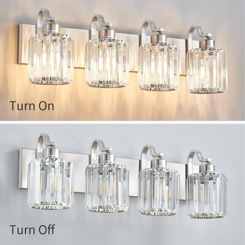 4 Lights Brushed Nickel Vanity Light Crystal Wall Light Bathroom Light Fixtures with Round Shade (Exclude Bulb)