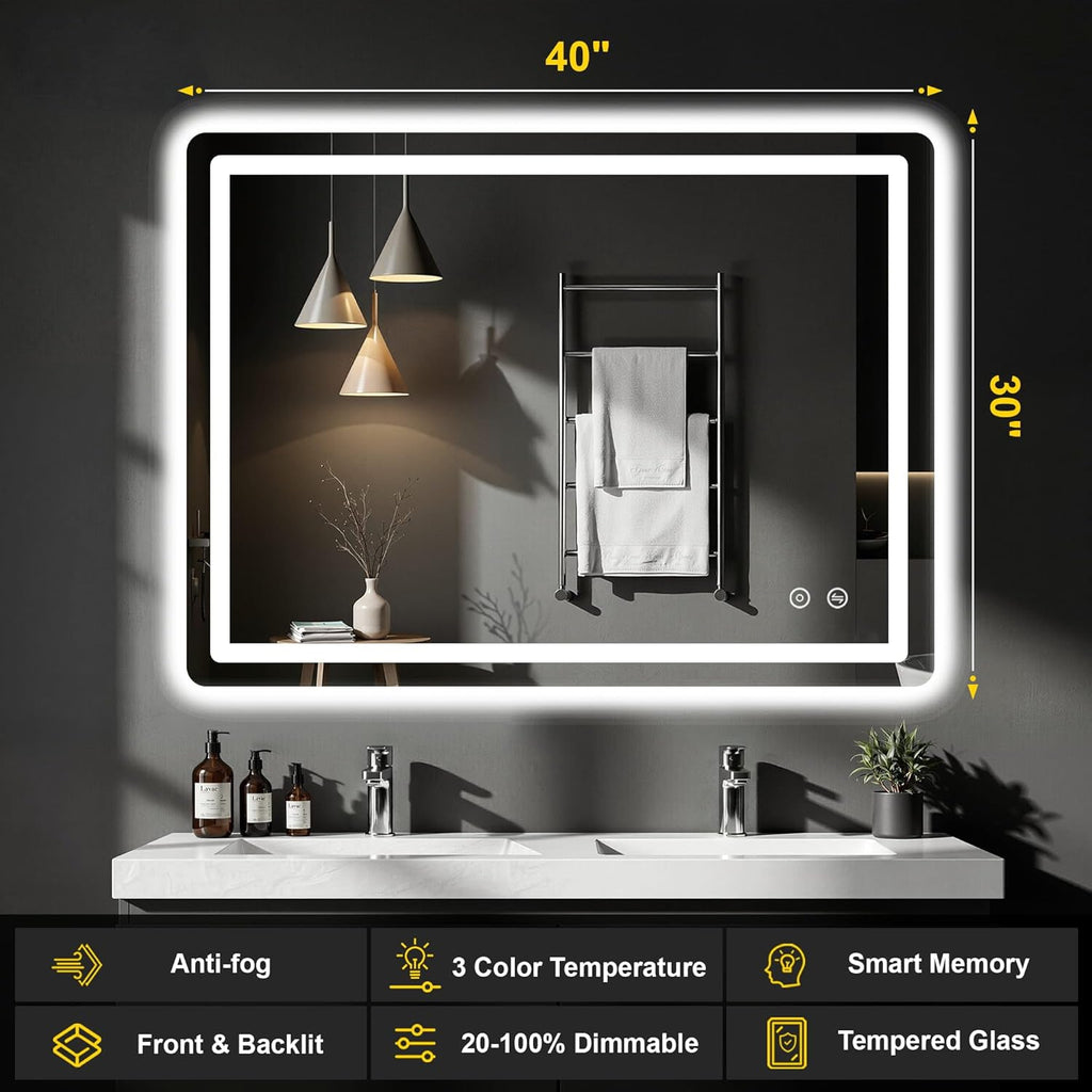 LED Bathroom Mirror with Lights - Anti-Fog, Dimmable, Backlit+Frontlit, 3 Color Light - 40"x30" Lighted Vanity Mirrors