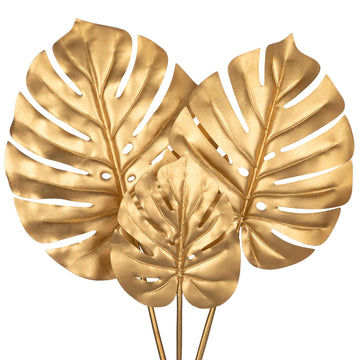 3 Pcs Artificial Monstera Leaves With Long Stem - Golden Tropical Plant, Gold Palm Leaves, Philodendron Fronds for