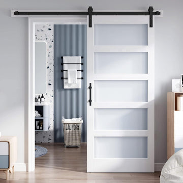 36x84 Inch Glass Sliding Barn Door Slab and 6.6ft Hardware Kit Included, 5 Frosted Glass, LVL Wood P